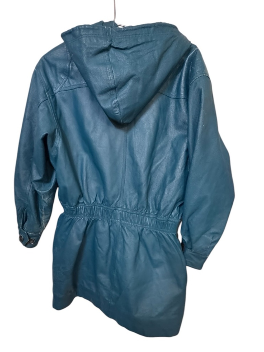 Otello Pelle Vintage Women’s XS Teal Leather Hooded Jacket Funky 80s 90s - Picture 2 of 9
